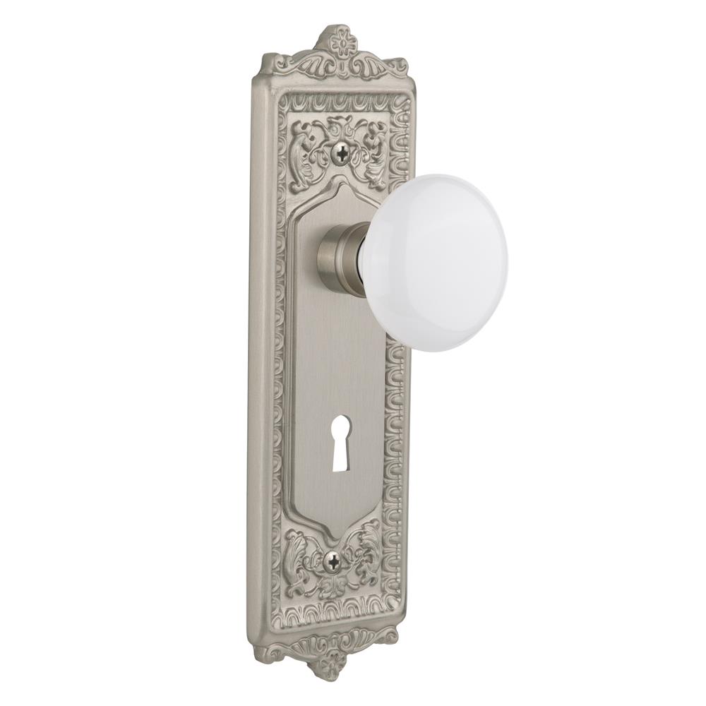 Nostalgic Warehouse EADWHI Double Dummy Egg and Dart Plate with White Porcelain Knob and Keyhole in Satin Nickel